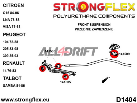 146104B Polyurethan Buchsen Set für vordere Aufhängung und Hinterachsträger - Peugeot 309 (85-93)