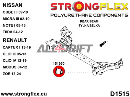 151950B Hinterachs-Buchse | Short: 151950B: Hinterachsrahmen Buchse - Polyurethan-Buchse (80ShA) als Ersatz für das Originalteil, erhöht die Widerstandsfähigkeit und Lebensdauer. - Nissan III (02-10) K12